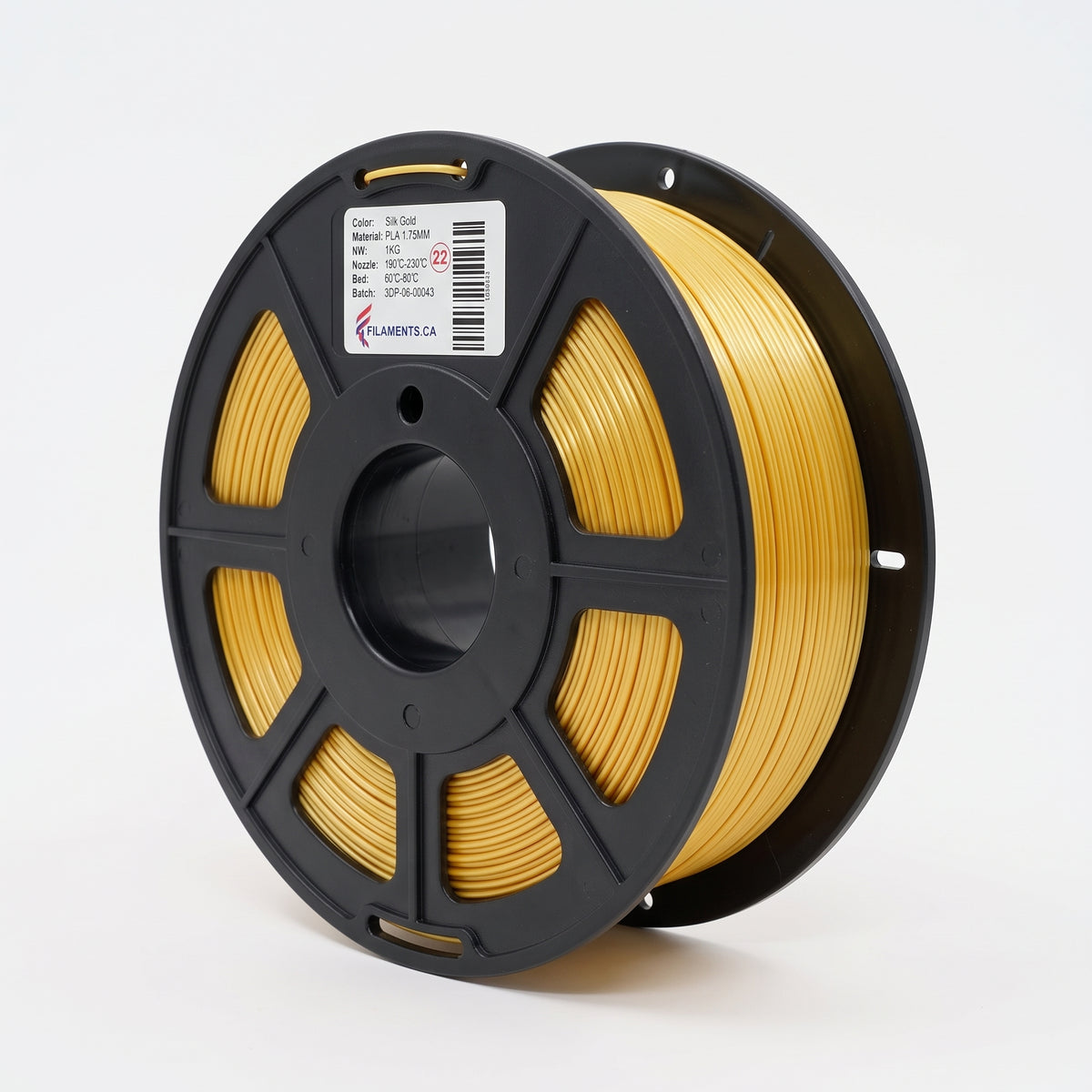 Standard PLA Silk Golden 1.75mm filament on a plastic spool